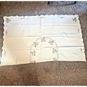 Vintage Hand Embroidered Tablecloth Linen Rectangle 63 x 80 Large MCM